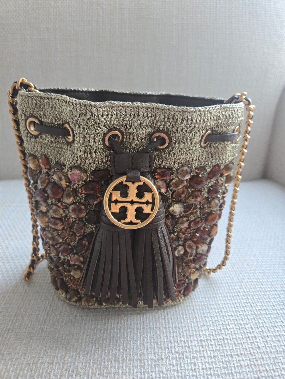 Tory Burch Brown Raffia and Jewel-Embellished Tassel Crossbody